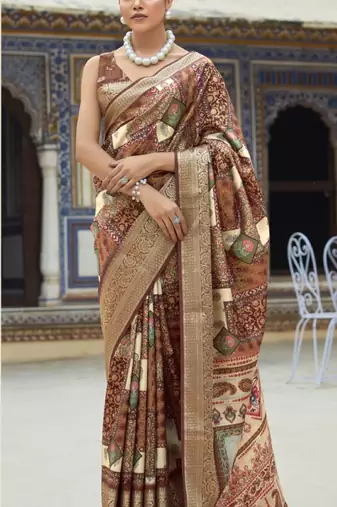 Dark brown dola viscose with topclass print saree with blouse