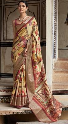 Yellow dola viscose with topclass print saree with blouse 2