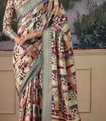 Off white handloom tussre with digital print saree with blouse