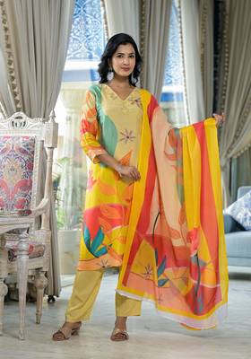 yellow printed embroidered beads and stones  muslin straight kurta with pyjamas & dupatta 1