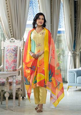 yellow printed embroidered beads and stones  muslin straight kurta with pyjamas & dupatta 2