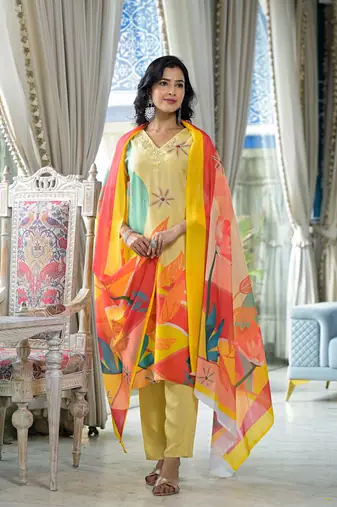 yellow printed embroidered beads and stones  muslin straight kurta with pyjamas & dupatta