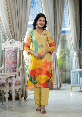 yellow printed embroidered beads and stones  muslin straight kurta with pyjamas & dupatta 3
