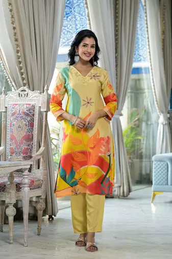 yellow printed embroidered beads and stones  muslin straight kurta with pyjamas & dupatta