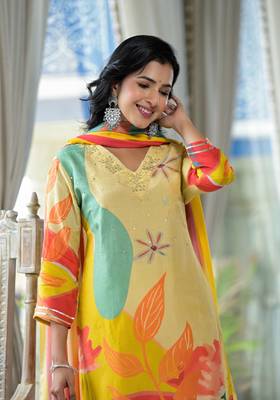 yellow printed embroidered beads and stones  muslin straight kurta with pyjamas & dupatta 4