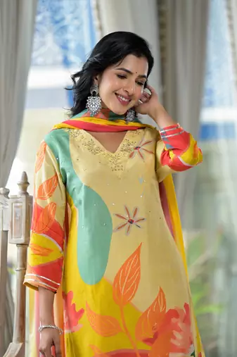 yellow printed embroidered beads and stones  muslin straight kurta with pyjamas & dupatta