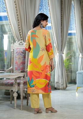yellow printed embroidered beads and stones  muslin straight kurta with pyjamas & dupatta 5
