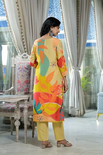 yellow printed embroidered beads and stones  muslin straight kurta with pyjamas & dupatta