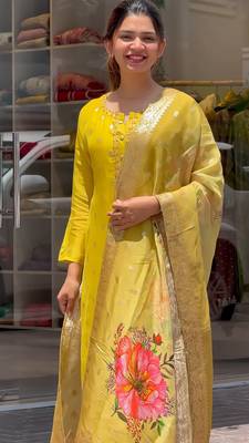 Yellow Embroidered Viscose Muslin Straight Kurta, Pant and Dupatta Set 2