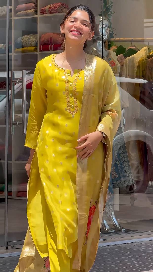 Yellow Embroidered Viscose Muslin Fabric Straight Kurta, Pant and Dupatta Set