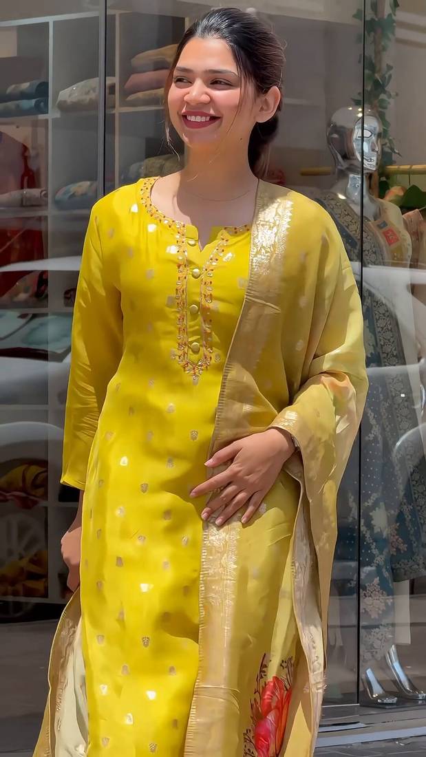 Yellow Embroidered Viscose Muslin Fabric Straight Kurta, Pant and Dupatta Set