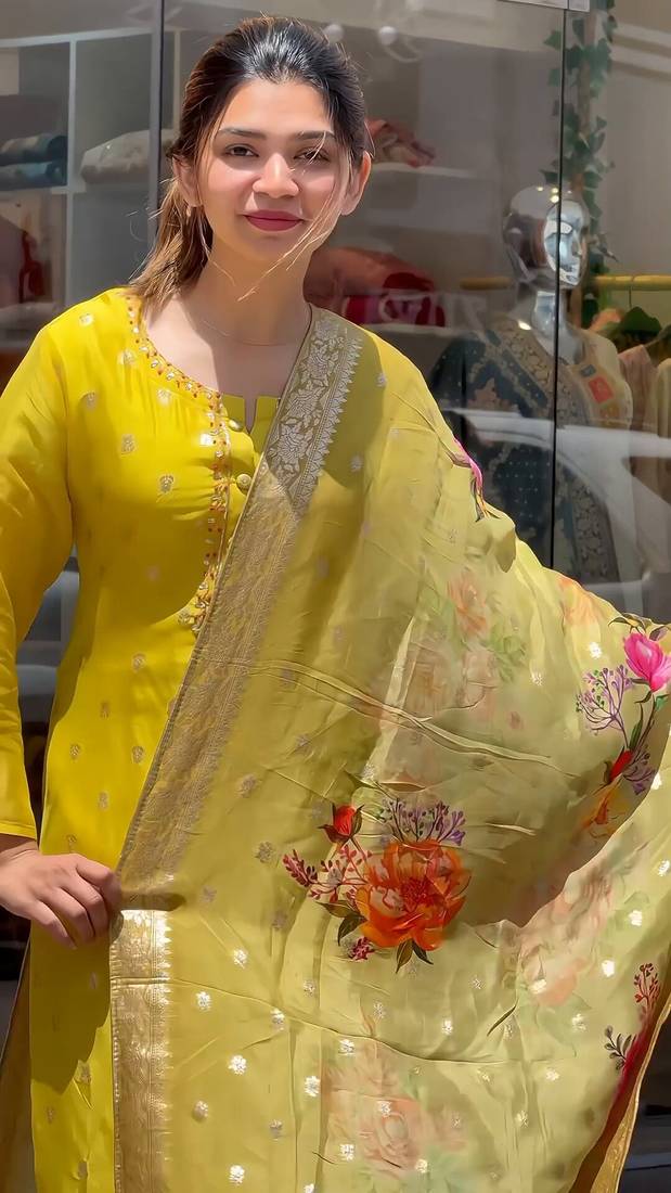 Yellow Embroidered Viscose Muslin Fabric Straight Kurta, Pant and Dupatta Set