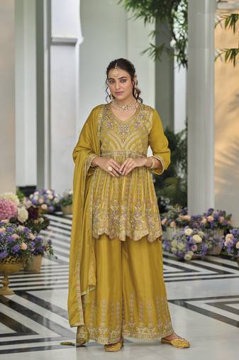 gold  Party Wear Embroidered work Stitched salwar suits