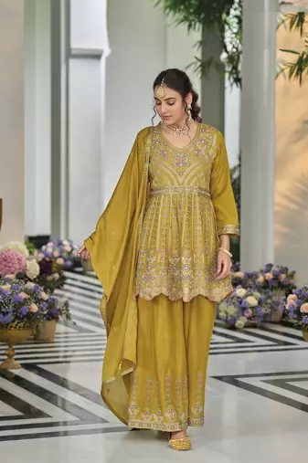 gold  Party Wear Embroidered work Stitched salwar suits