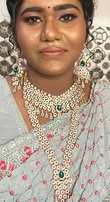 Emerald green bridal jewelry set - premium ad choker set with nath, earrings & hand chain - wedding collection 2