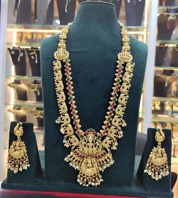 Exquisite gold-plated bridal Necklace :: and earrings set with ruby and emerald accents 2