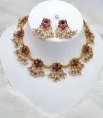 Delicate pearl and red necklace set antique gold floral design lightweight south indian style collection