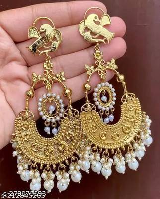 Traditional gold-plated chandbali earrings with bird motif and pearl drops     perfect for weddings & festive occasions 2