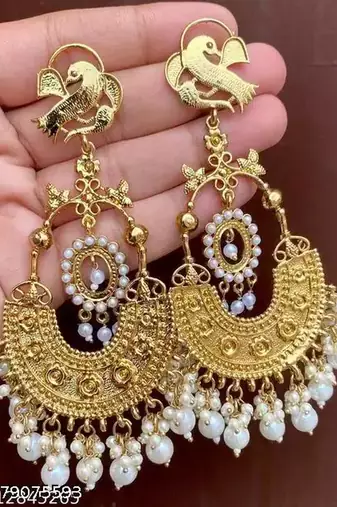 Traditional gold-plated chandbali earrings with bird motif and pearl drops     perfect for weddings & festive occasions