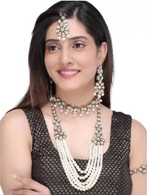 Luxury pearl and crystal bridal jewelry set - traditional indian wedding necklace set with earrings, tikka, and bracelet 2
