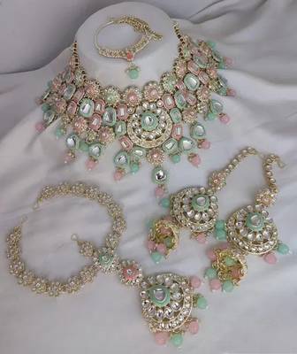 Pastel kundan bridal set - mint green & pink meenakari wedding collection - gold-plated Necklace :: set with sheshphul 1