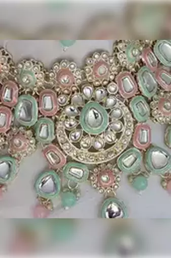 Pastel kundan bridal set - mint green & pink meenakari wedding collection - gold-plated Necklace :: set with sheshphul