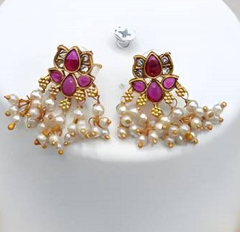 Delicate pearl and red necklace set antique gold floral design lightweight south indian style collection