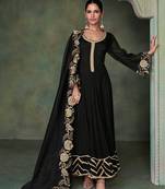 Black colour pure silk embroidered designer suit