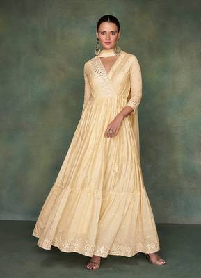 Cream colour pure silk embroidered designer suit 1