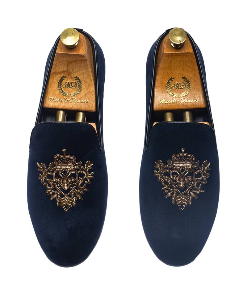 Handcrafted zardozi embroidery velvet slipons with padded leather