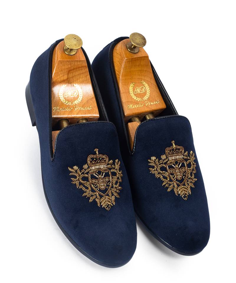 Handcrafted zardozi embroidery velvet slipons with padded leather