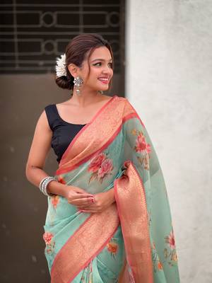 Sky blue tissue crush silk floral printed saree with zari woven border 1