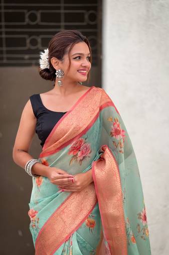 Sky blue tissue crush silk floral printed saree with zari woven border