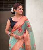 Sky blue tissue crush silk floral printed saree with zari woven border