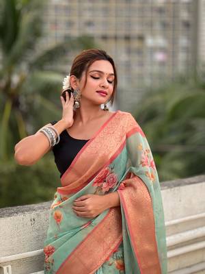 Sky blue tissue crush silk floral printed saree with zari woven border 2