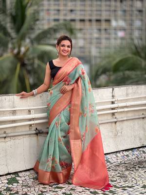 Sky blue tissue crush silk floral printed saree with zari woven border 3