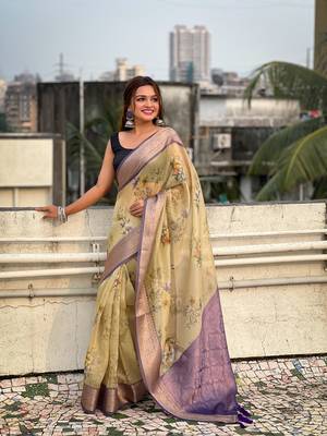 Mehendi green tissue crush silk floral printed saree with zari woven border 2