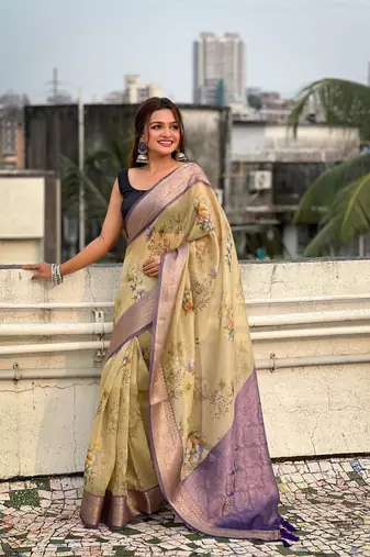 Mehendi green tissue crush silk floral printed saree with zari woven border