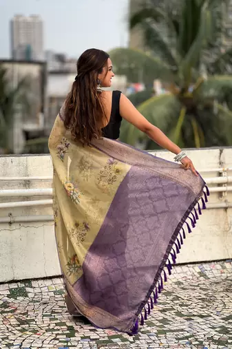 Mehendi green tissue crush silk floral printed saree with zari woven border