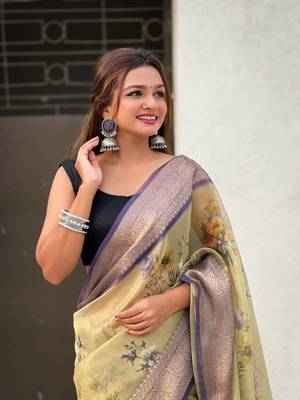 Mehendi green tissue crush silk floral printed saree with zari woven border 5