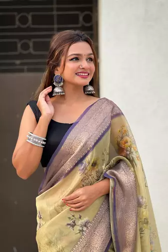 Mehendi green tissue crush silk floral printed saree with zari woven border