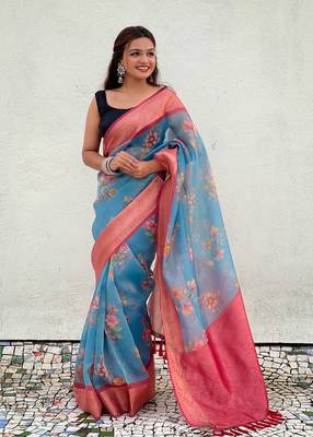 Blue tissue crush silk floral printed saree with zari woven border 1