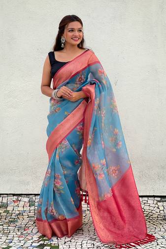 Blue tissue crush silk floral printed saree with zari woven border