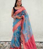 Blue tissue crush silk floral printed saree with zari woven border
