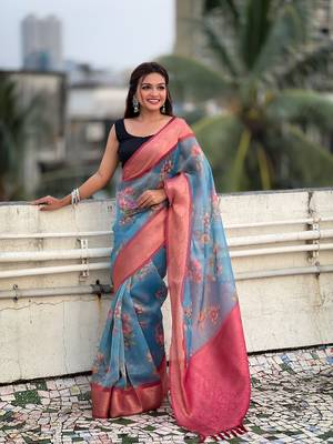 Blue tissue crush silk floral printed saree with zari woven border 3