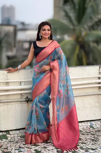 Blue tissue crush silk floral printed saree with zari woven border
