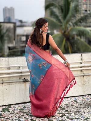 Blue tissue crush silk floral printed saree with zari woven border 4