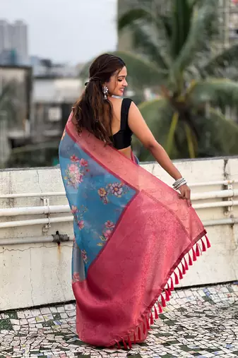 Blue tissue crush silk floral printed saree with zari woven border
