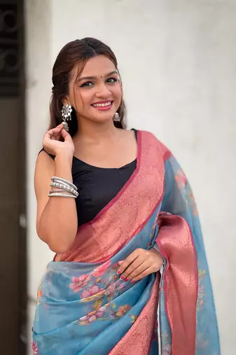 Blue tissue crush silk floral printed saree with zari woven border