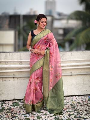 Pink tissue crush silk floral printed saree with zari woven border 2